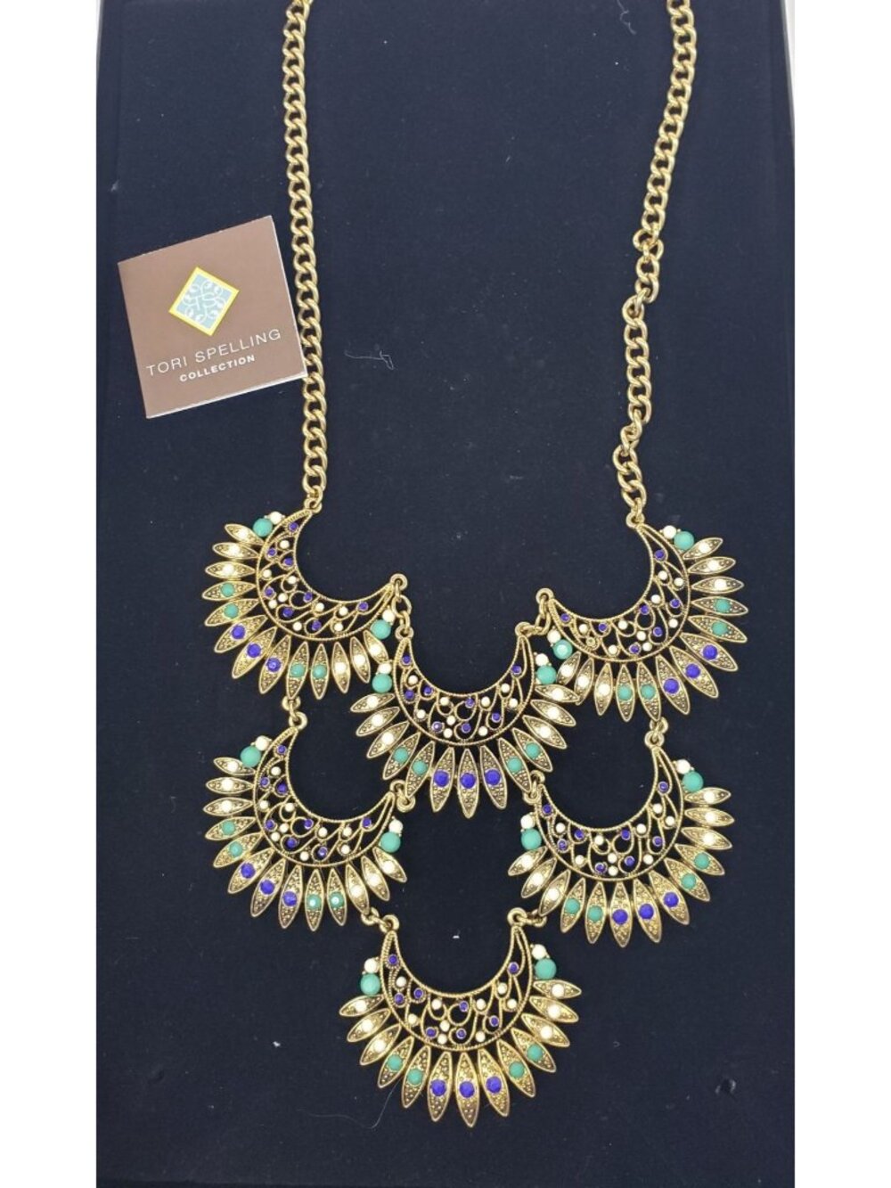 NEW Tori Spelling Y2K Gold Statement Necklace Peacock Blue Geometric QVC